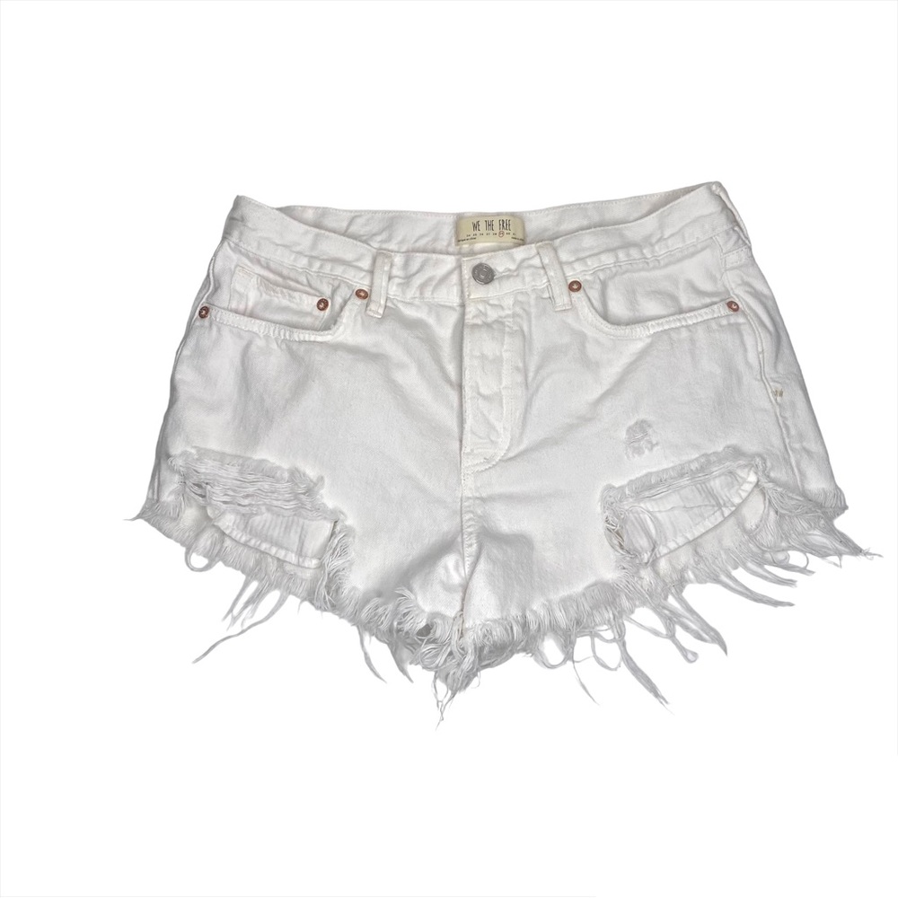We The Free / Free People Distressed Denim White Shorts Raw Hem High Waisted 29